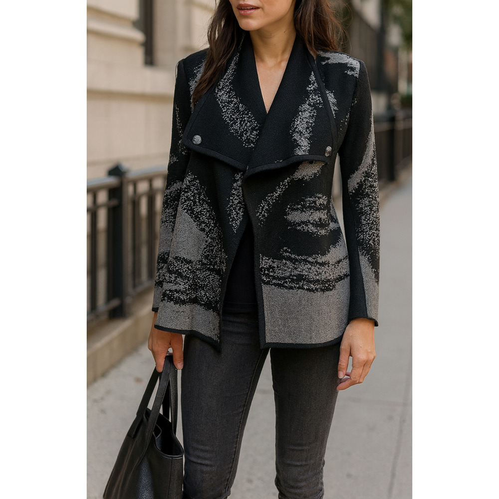 NWT Ming Wang Relaxed Fit Cozy Knit Cardigan Black Gray Petite Small PS H13896 - Picture 1 of 10